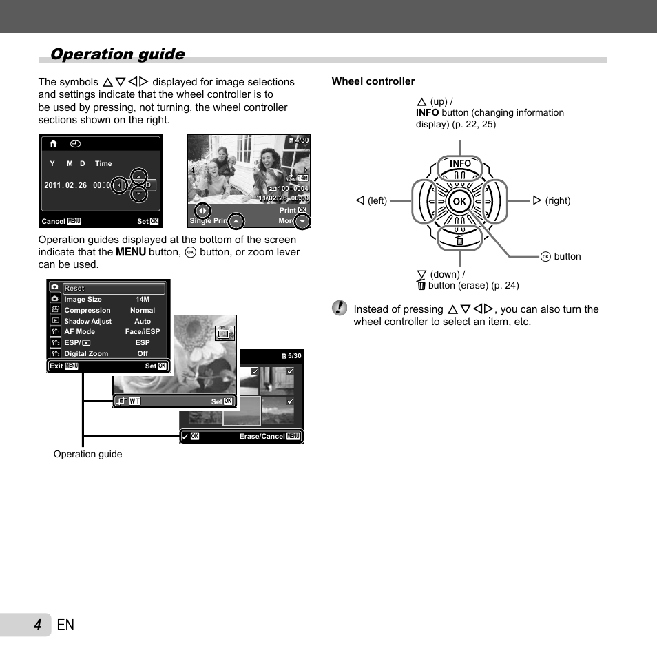 Operation guide, 4 en, Wheel controller | Olympus SP-610UZ User Manual | Page 4 / 84