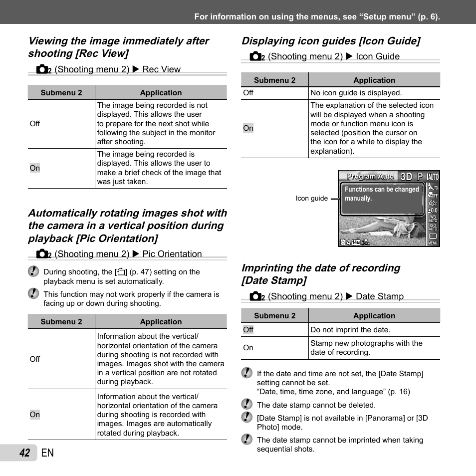 42 en, Displaying icon guides [icon guide, P3d 3d | Olympus SP-610UZ User Manual | Page 42 / 84