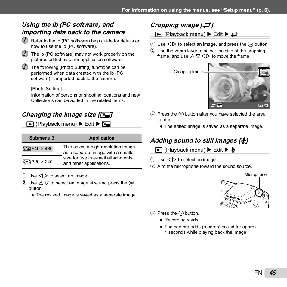 45 en, Changing the image size, Changing the image size [ q q | Cropping image, Cropping image [ p p | Olympus SP-610UZ User Manual | Page 45 / 84