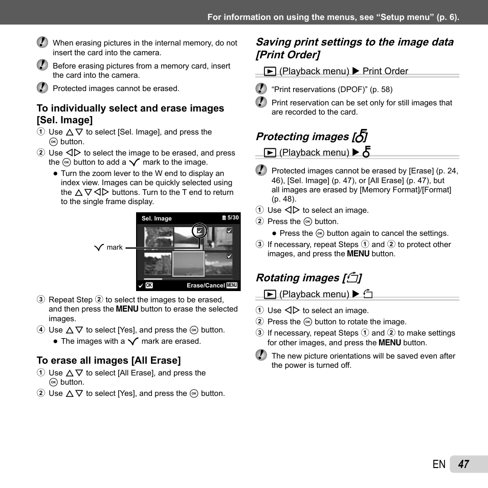 47 en, Protecting images [ protecting images [ r r, Rotating images [ rotating images [ y y | Olympus SP-610UZ User Manual | Page 47 / 84