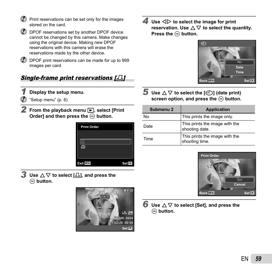 59 en, Single-frame print reservations | Olympus SP-610UZ User Manual | Page 59 / 84