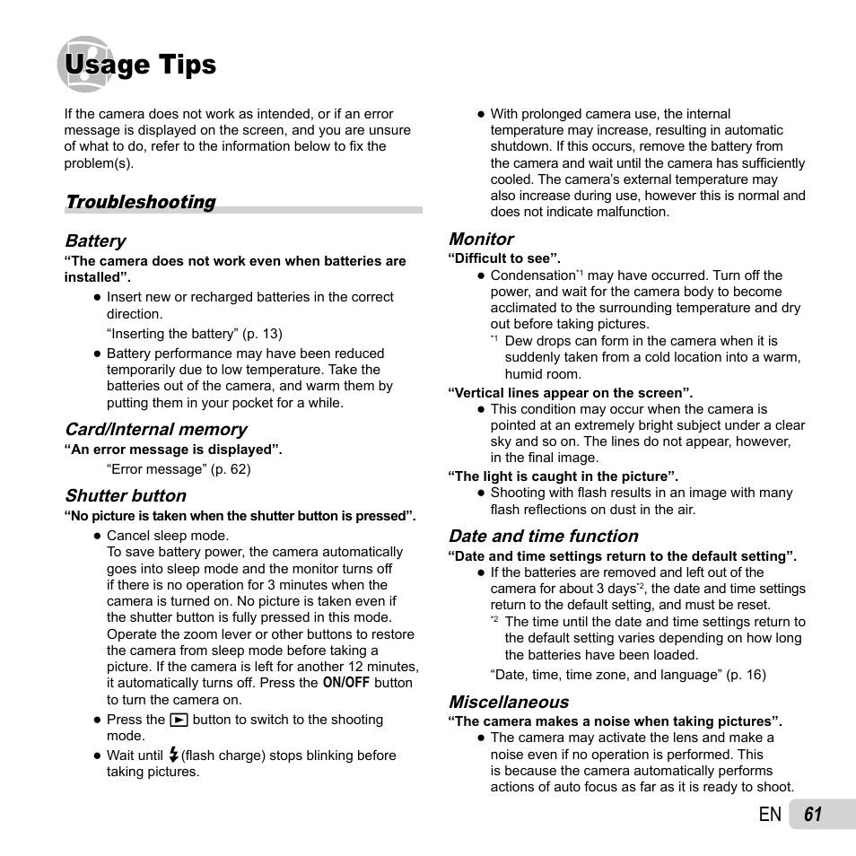 Usage tips, 61 en, Troubleshooting | Battery, Shutter button, Monitor, Date and time function, Miscellaneous | Olympus SP-610UZ User Manual | Page 61 / 84