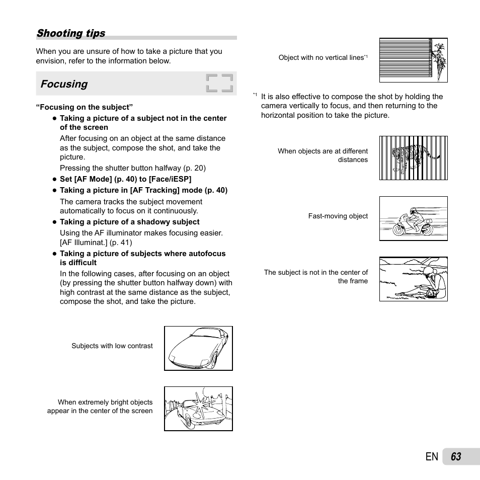 63 en, Shooting tips, Focusing | Olympus SP-610UZ User Manual | Page 63 / 84