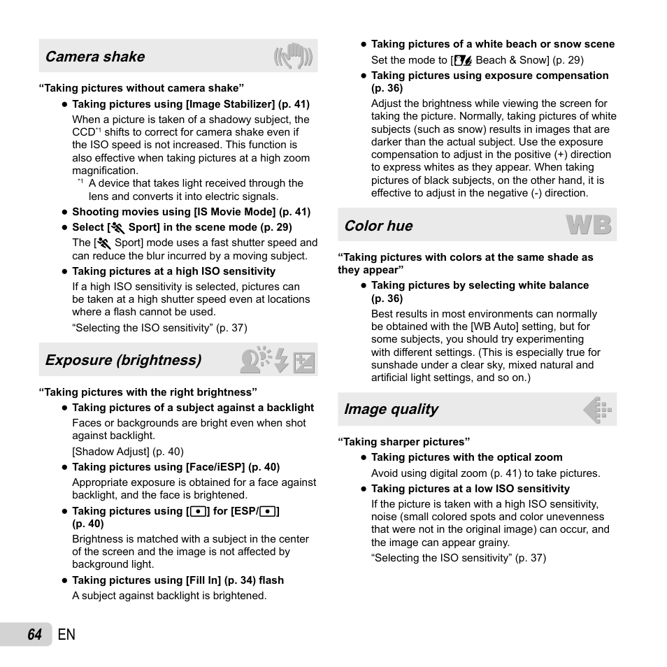 64 en, Camera shake, Exposure (brightness) | Color hue, Image quality | Olympus SP-610UZ User Manual | Page 64 / 84