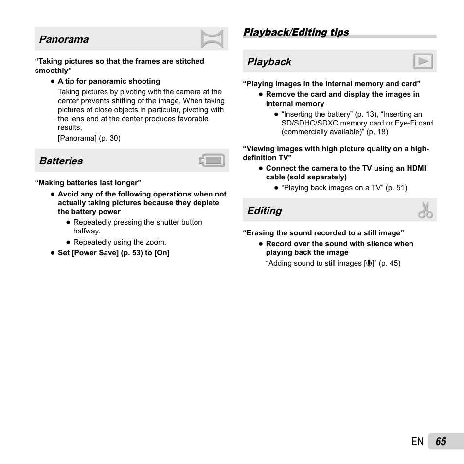 65 en, Panorama, Batteries | Playback/editing tips playback, Editing | Olympus SP-610UZ User Manual | Page 65 / 84