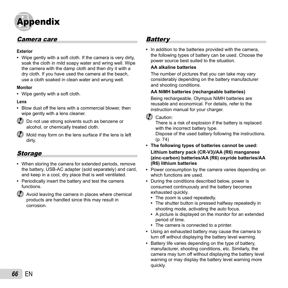 Appendix, 66 en, Camera care | Storage, Battery | Olympus SP-610UZ User Manual | Page 66 / 84