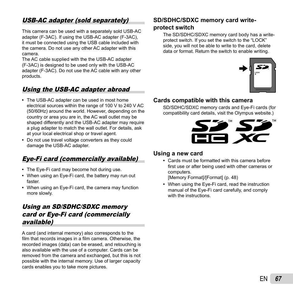 67 en, Usb-ac adapter (sold separately), Using the usb-ac adapter abroad | Eye-fi card (commercially available) | Olympus SP-610UZ User Manual | Page 67 / 84