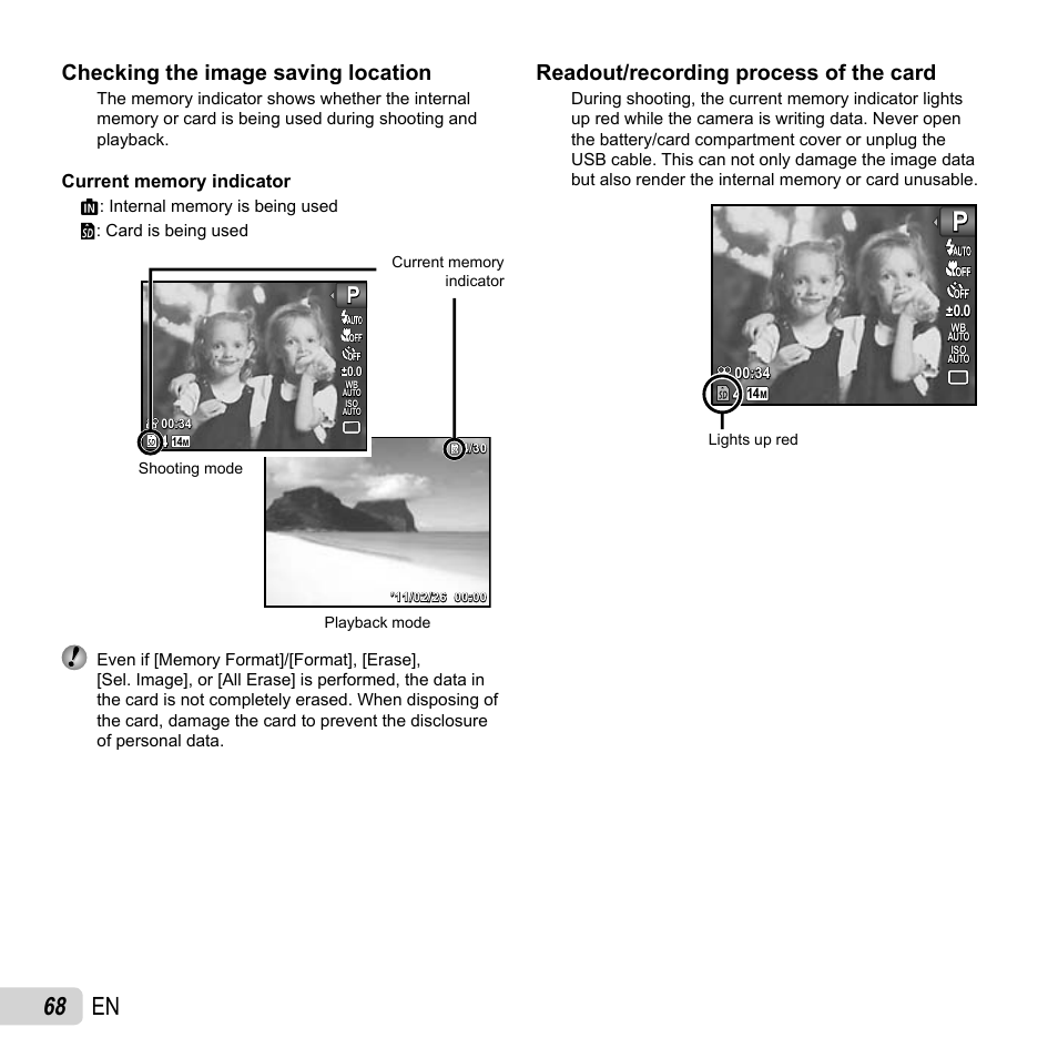 68 en, Checking the image saving location, Readout/recording process of the card | Olympus SP-610UZ User Manual | Page 68 / 84