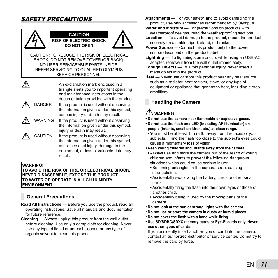 71 en, Safety precautions | Olympus SP-610UZ User Manual | Page 71 / 84