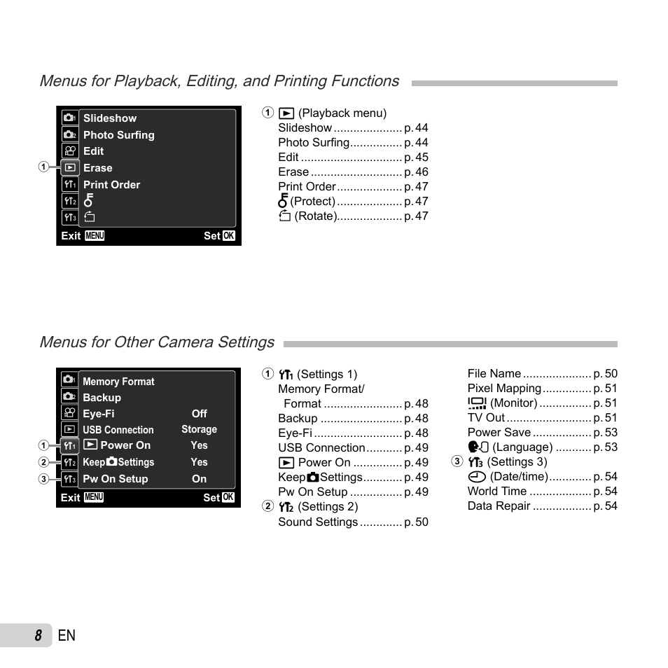 Menus for other camera settings, 8 en | Olympus SP-610UZ User Manual | Page 8 / 84