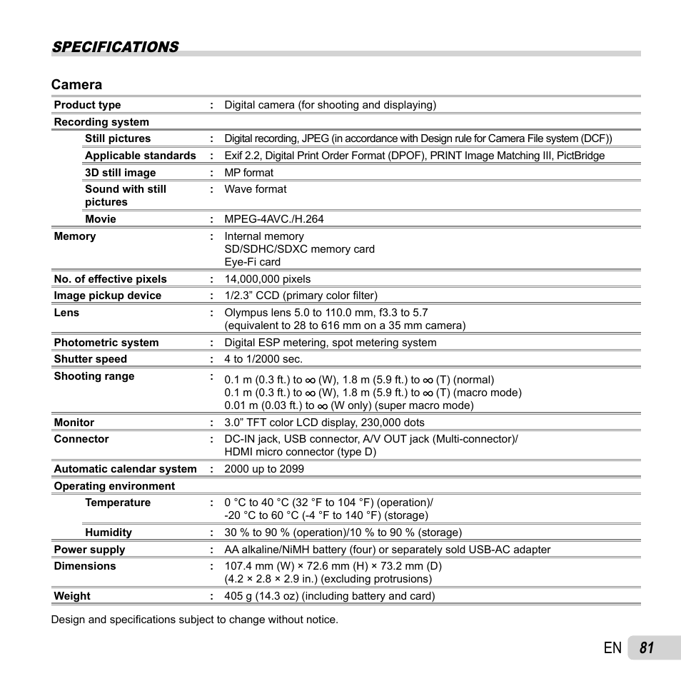 81 en, Specifications, Camera | Olympus SP-610UZ User Manual | Page 81 / 84