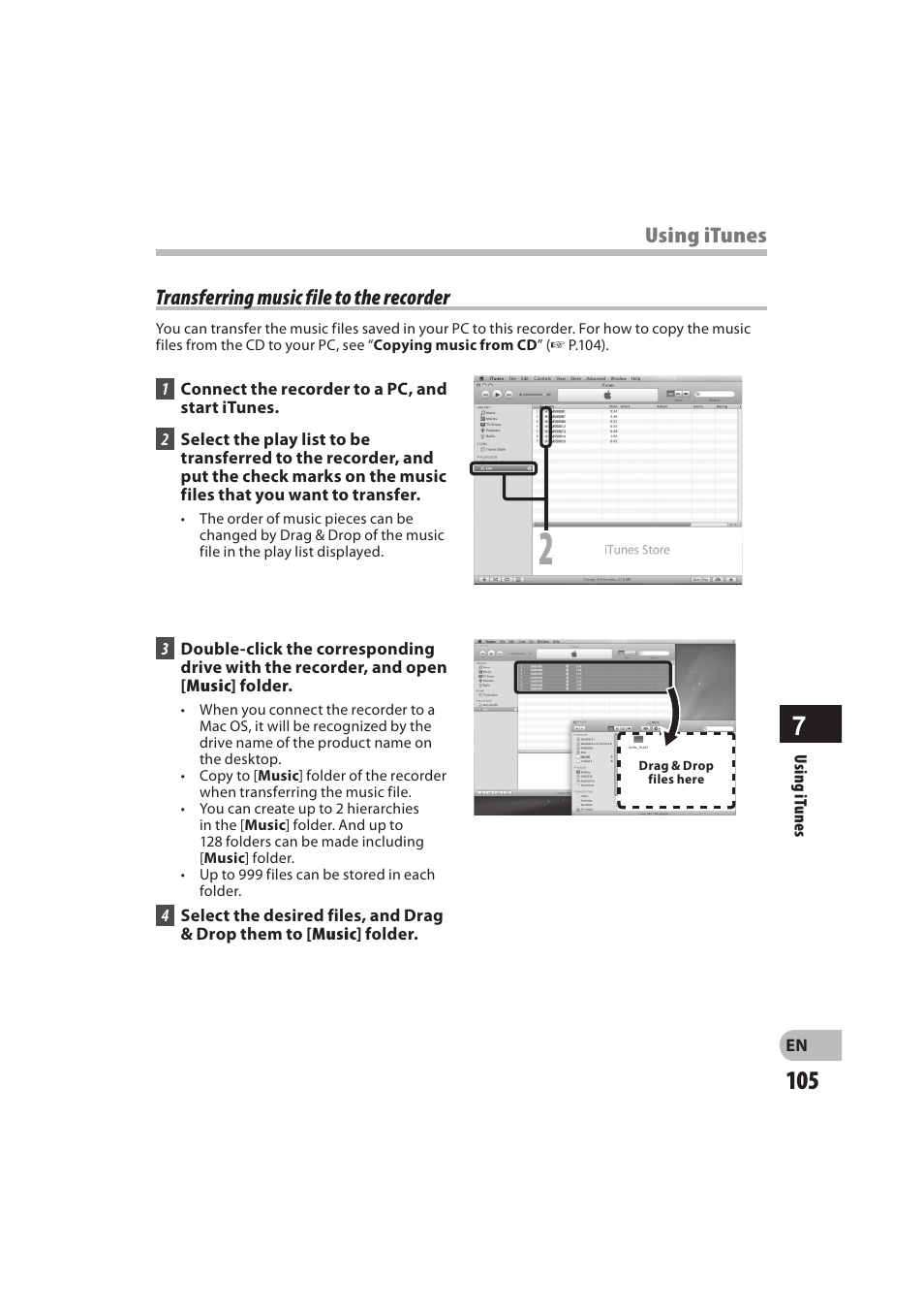 Transferring music file to the recorder, Using itunes | Olympus DM-550 User Manual | Page 105 / 128