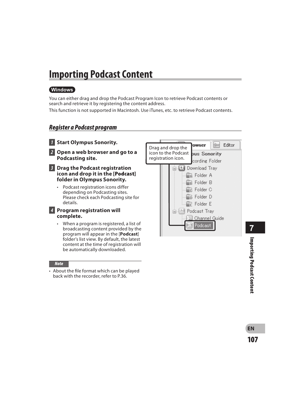 Importing podcast content, Register a podcast program | Olympus DM-550 User Manual | Page 107 / 128