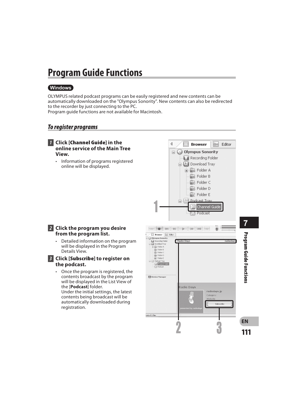 Program guide functions | Olympus DM-550 User Manual | Page 111 / 128