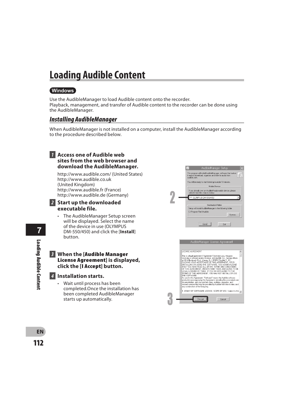 Loading audible content | Olympus DM-550 User Manual | Page 112 / 128