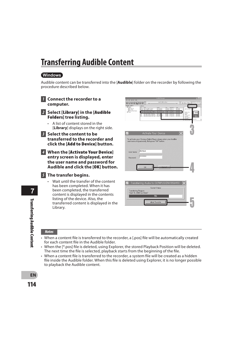 Transferring audible content | Olympus DM-550 User Manual | Page 114 / 128