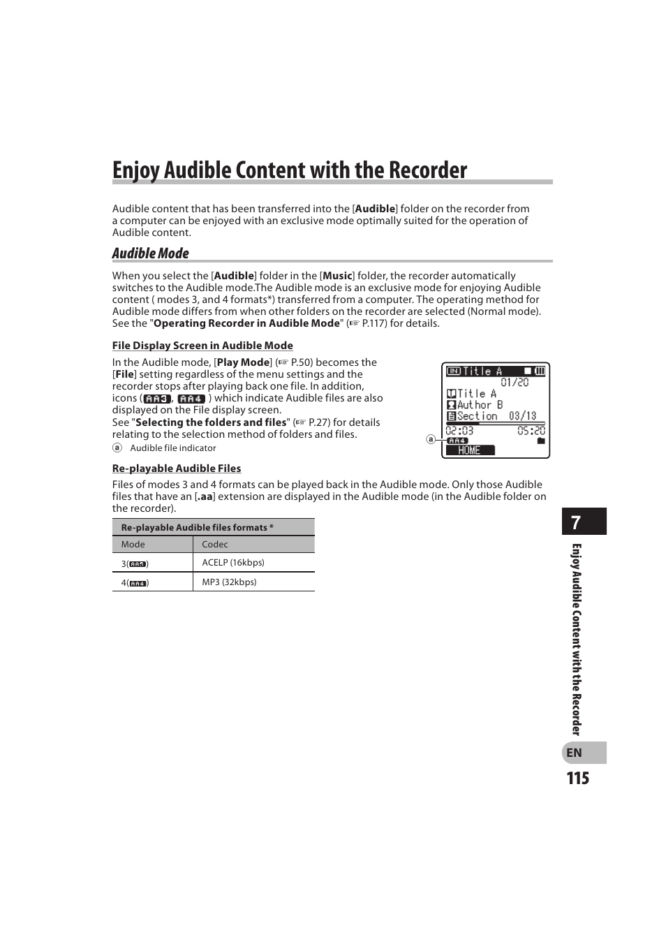 Enjoy audible content with the recorder, Audible mode | Olympus DM-550 User Manual | Page 115 / 128