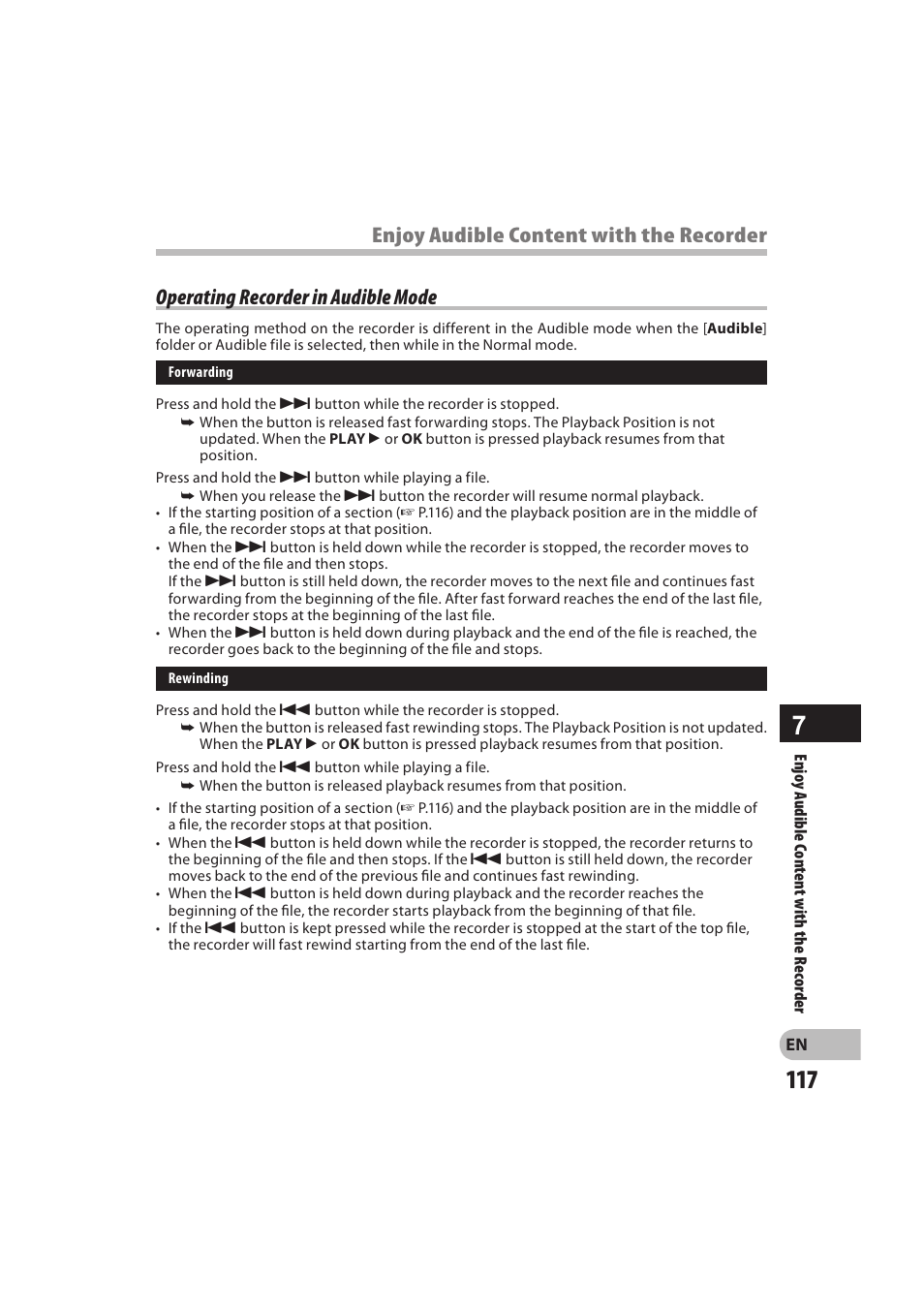 Operating recorder in audible mode, Enjoy audible content with the recorder | Olympus DM-550 User Manual | Page 117 / 128