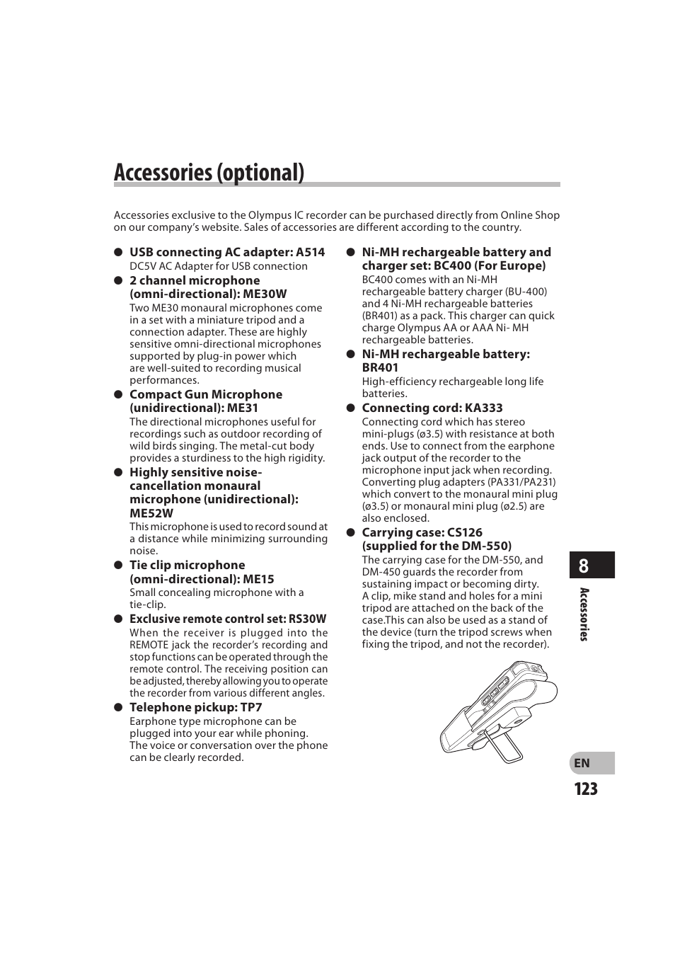 Accessories (optional) | Olympus DM-550 User Manual | Page 123 / 128