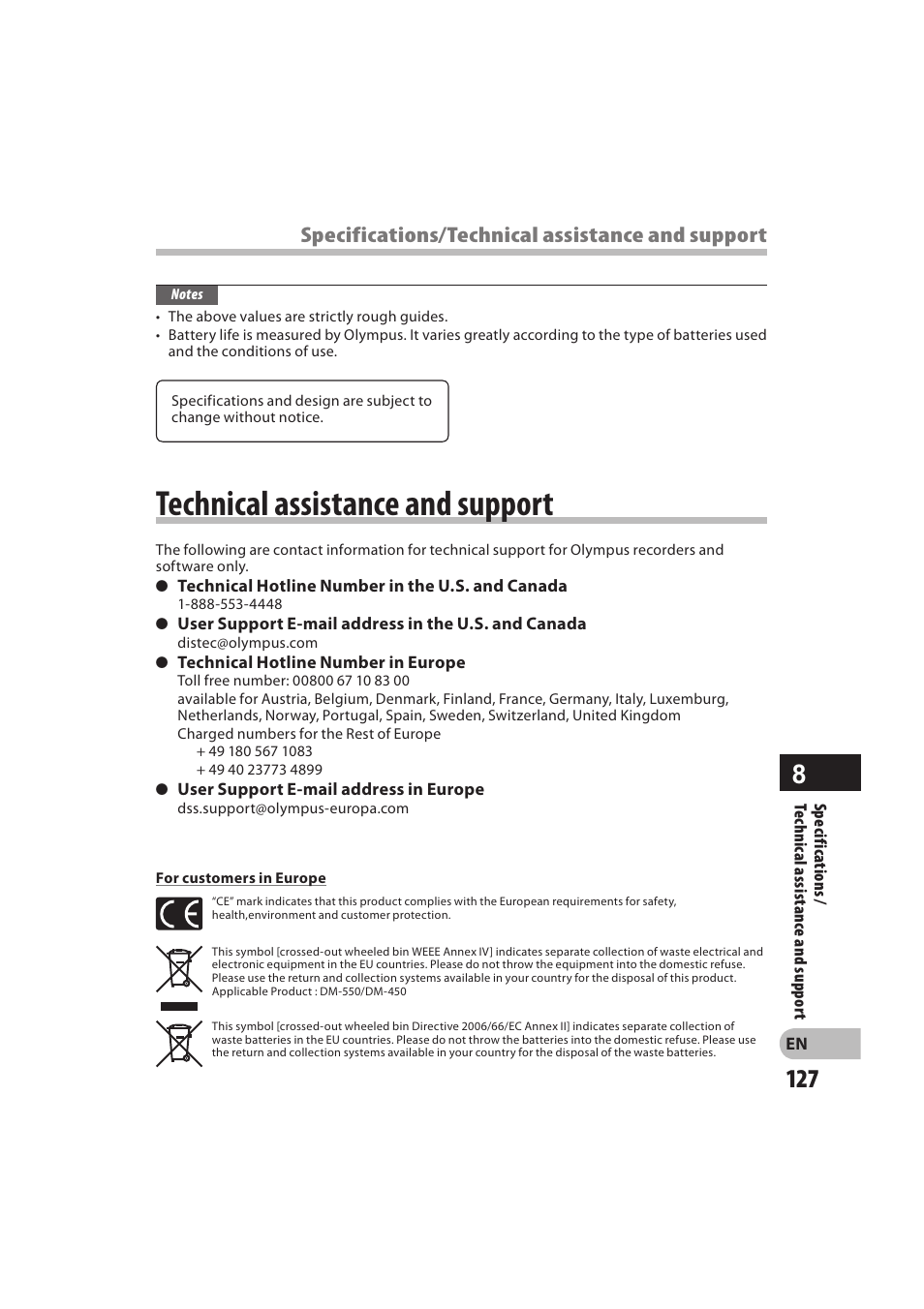 Technical assistance and support, Specifications/technical assistance and support | Olympus DM-550 User Manual | Page 127 / 128