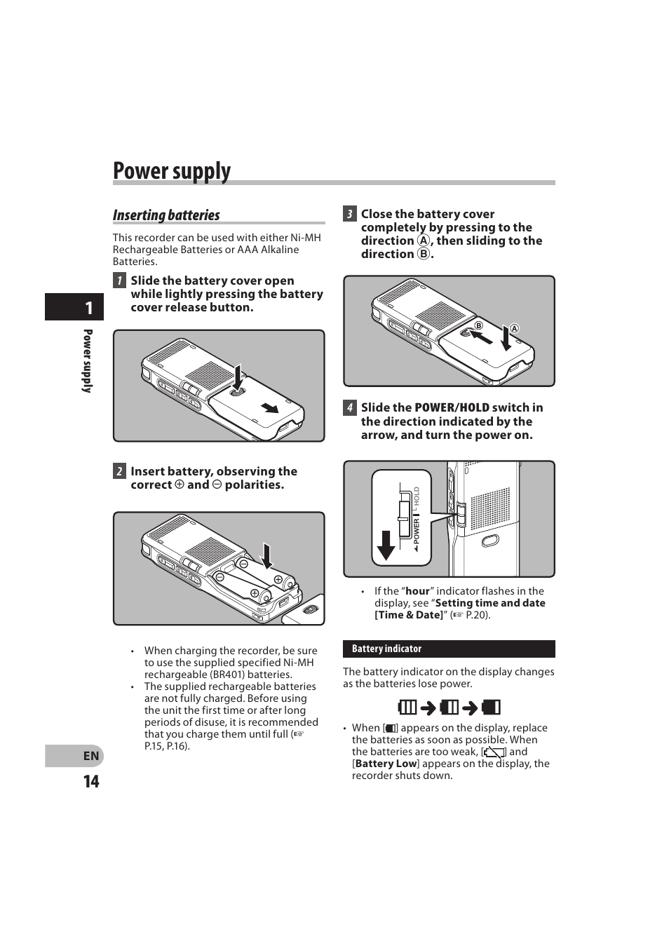 Power supply, Inserting batteries | Olympus DM-550 User Manual | Page 14 / 128