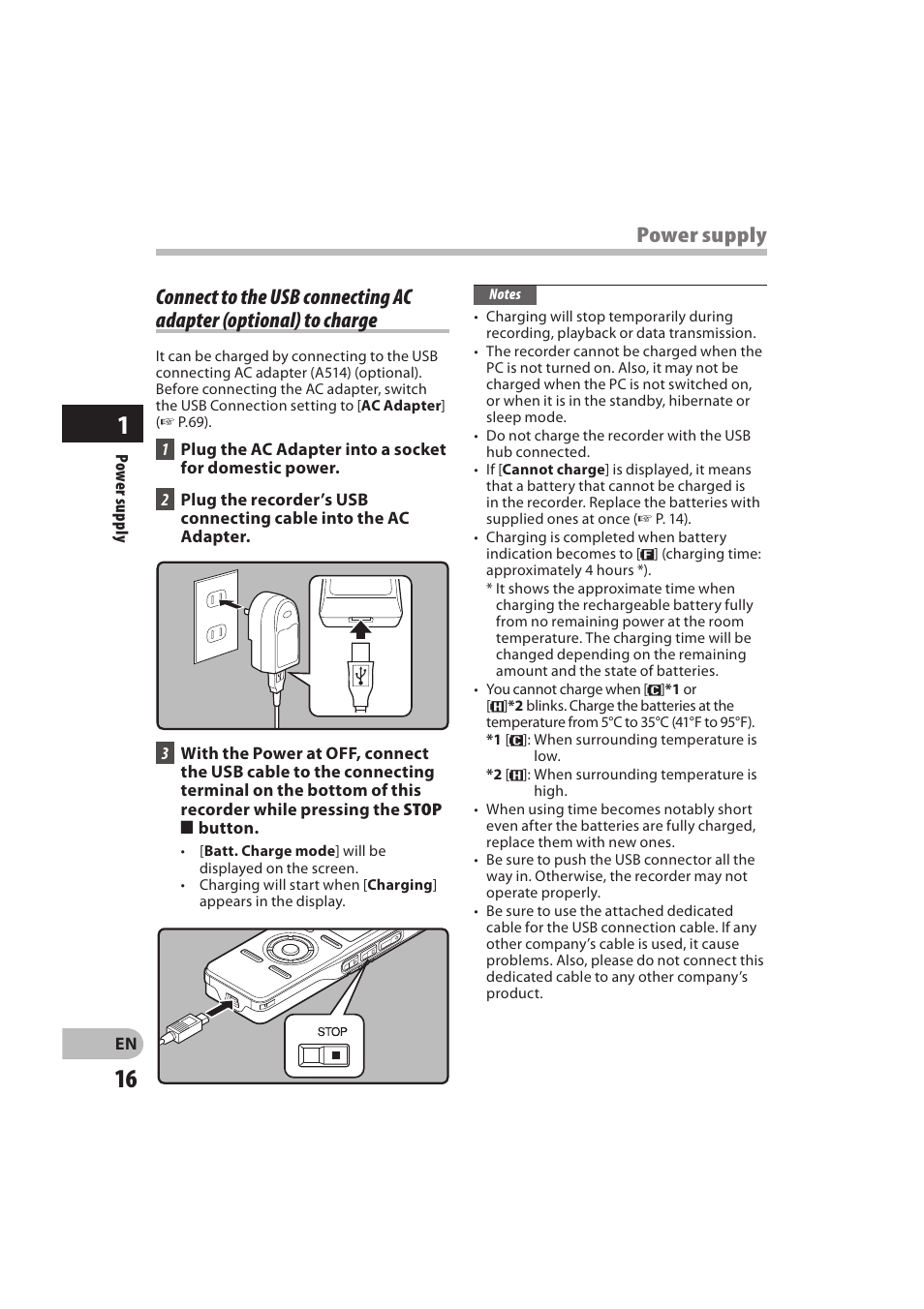 Power supply | Olympus DM-550 User Manual | Page 16 / 128