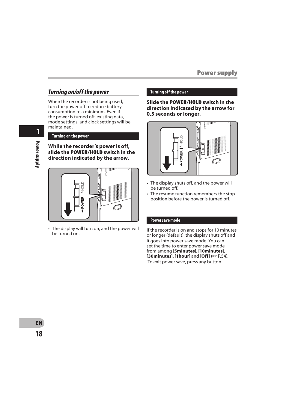 Turning on/off the power, Power supply | Olympus DM-550 User Manual | Page 18 / 128
