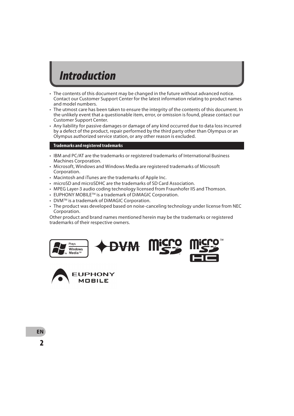 Introduction | Olympus DM-550 User Manual | Page 2 / 128