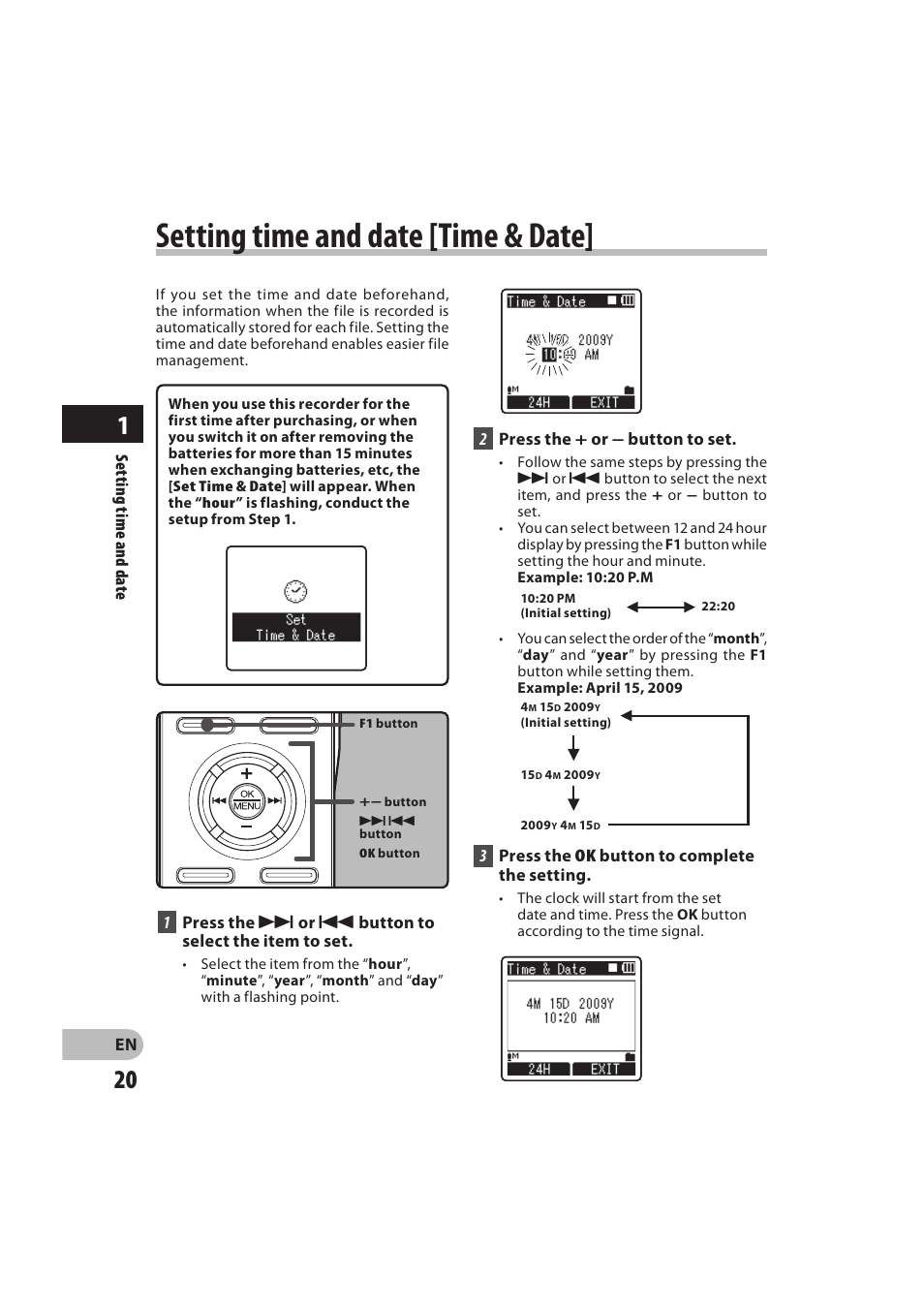 Setting time and date [time & date | Olympus DM-550 User Manual | Page 20 / 128