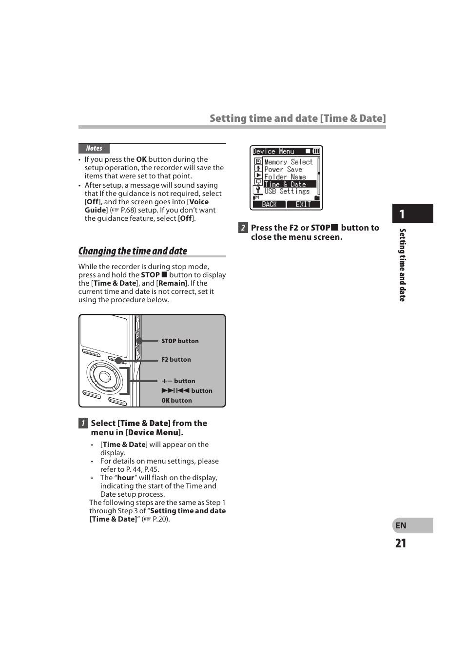 Changing the time and date, Setting time and date [time & date | Olympus DM-550 User Manual | Page 21 / 128