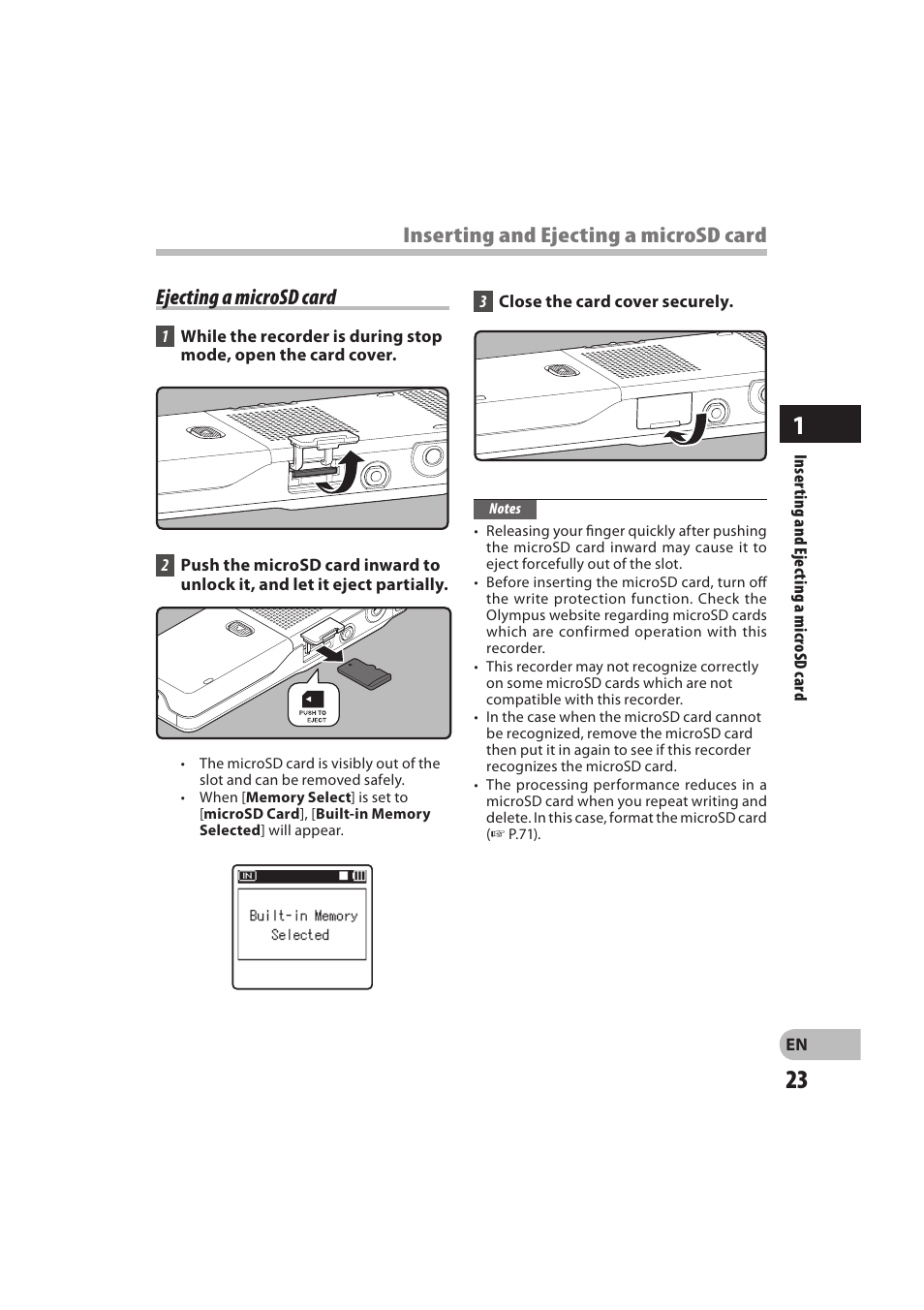 Ejecting a microsd card, Inserting and ejecting a microsd card | Olympus DM-550 User Manual | Page 23 / 128