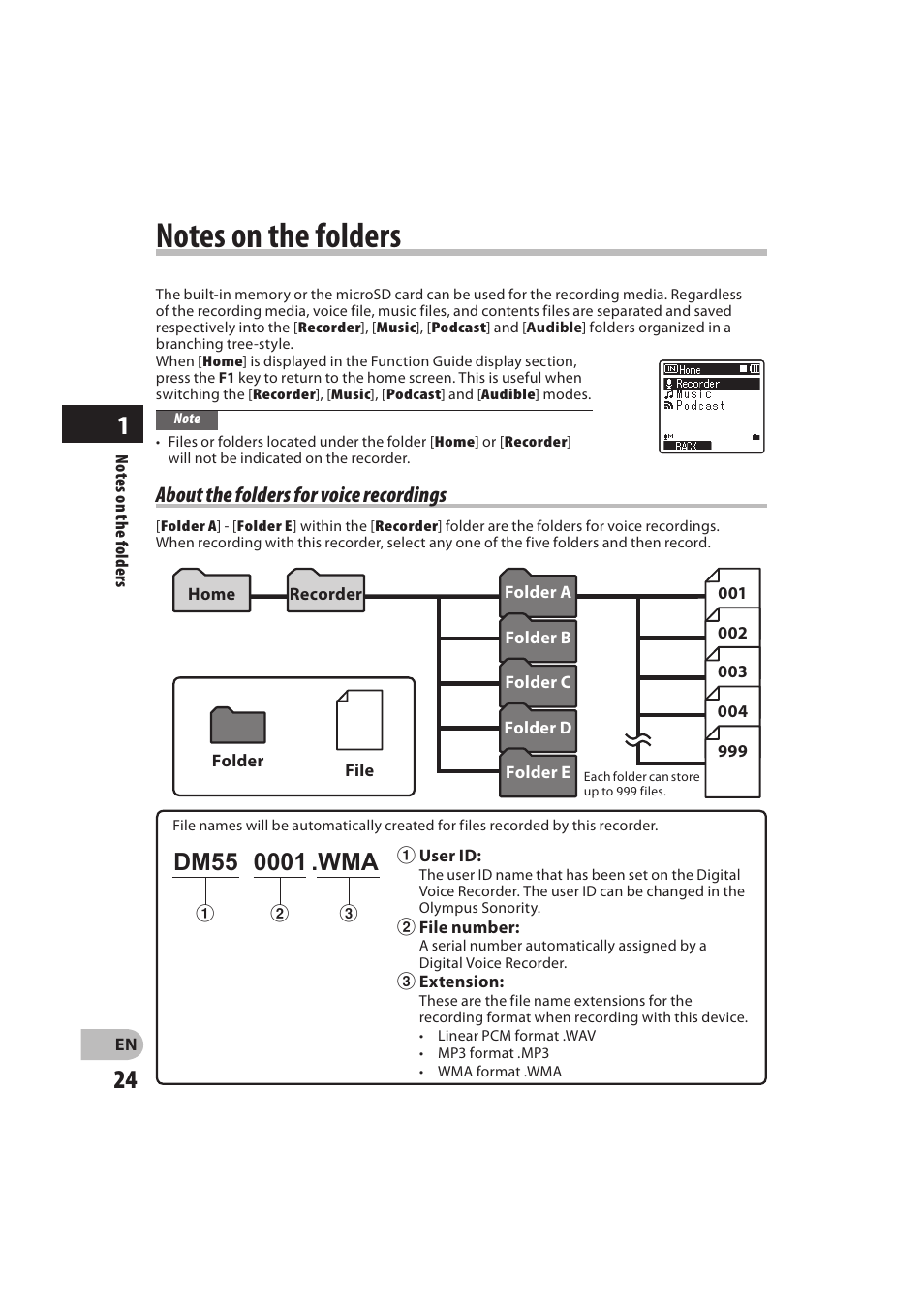 About the folders for voice recordings | Olympus DM-550 User Manual | Page 24 / 128