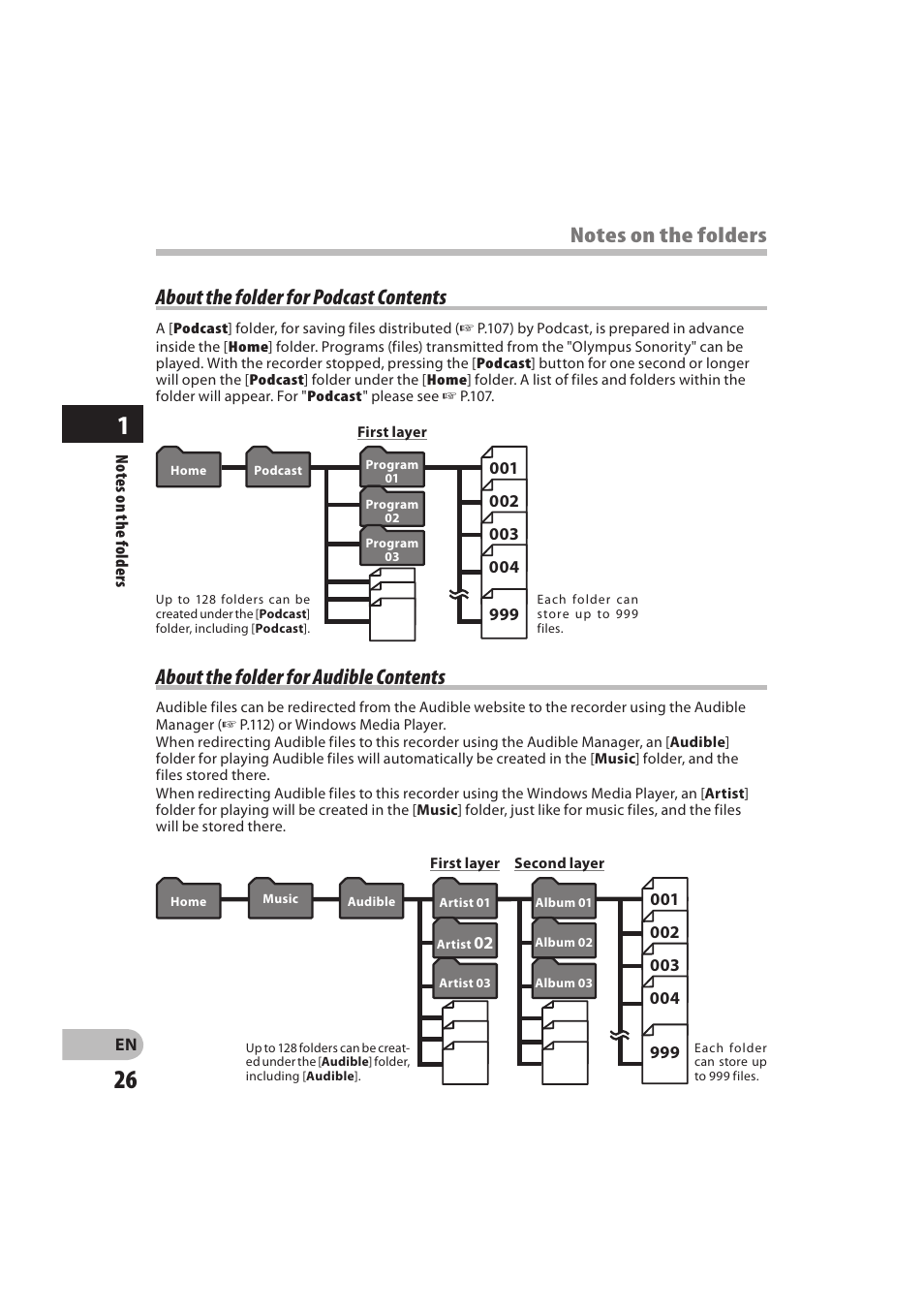 About the folder for audible contents | Olympus DM-550 User Manual | Page 26 / 128