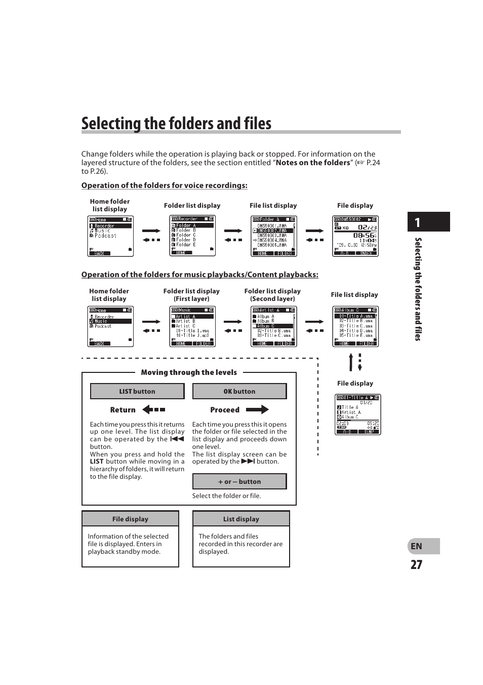 Selecting the folders and files | Olympus DM-550 User Manual | Page 27 / 128