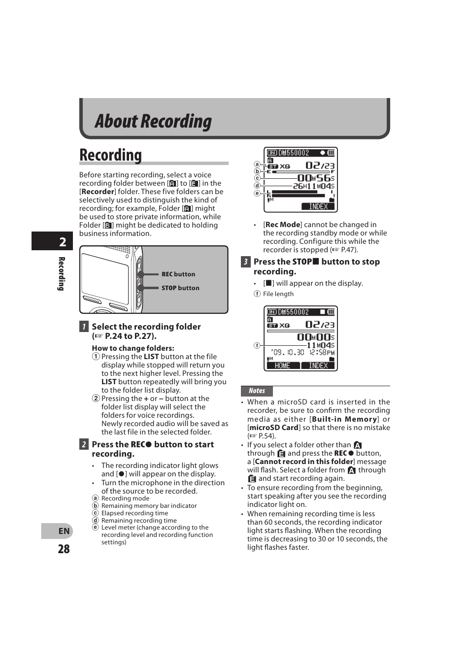 About recording, Recording | Olympus DM-550 User Manual | Page 28 / 128