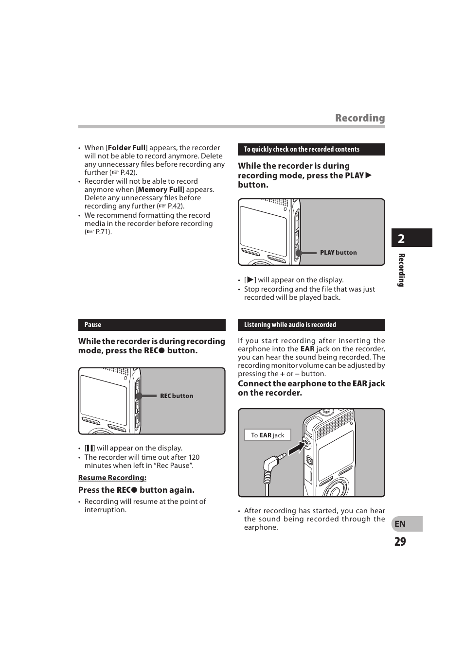 Recording | Olympus DM-550 User Manual | Page 29 / 128