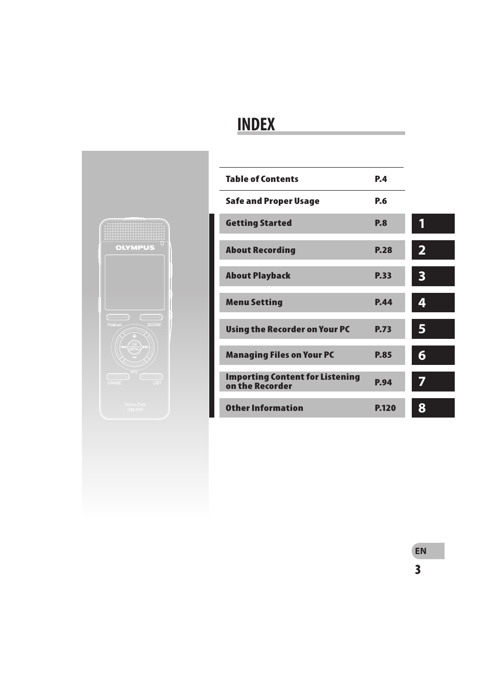 Index | Olympus DM-550 User Manual | Page 3 / 128