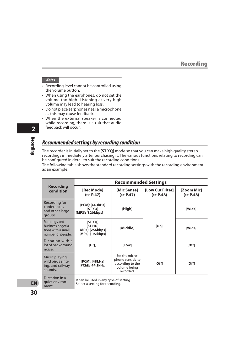 Recommended settings by recording condition, Recording, Recommended settings | Rec o rd in g | Olympus DM-550 User Manual | Page 30 / 128