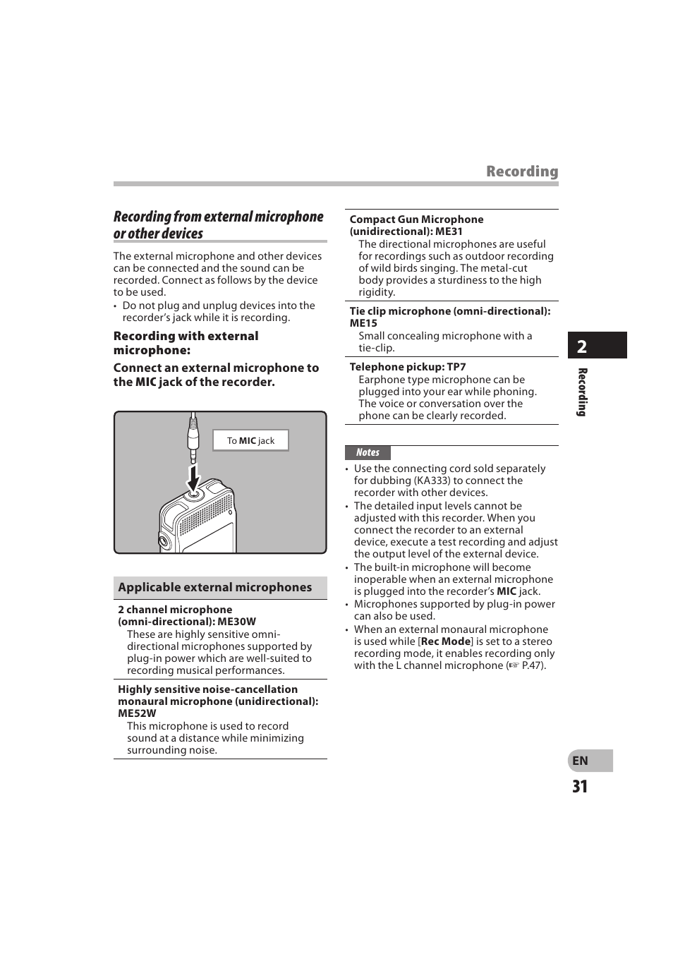 Recording | Olympus DM-550 User Manual | Page 31 / 128