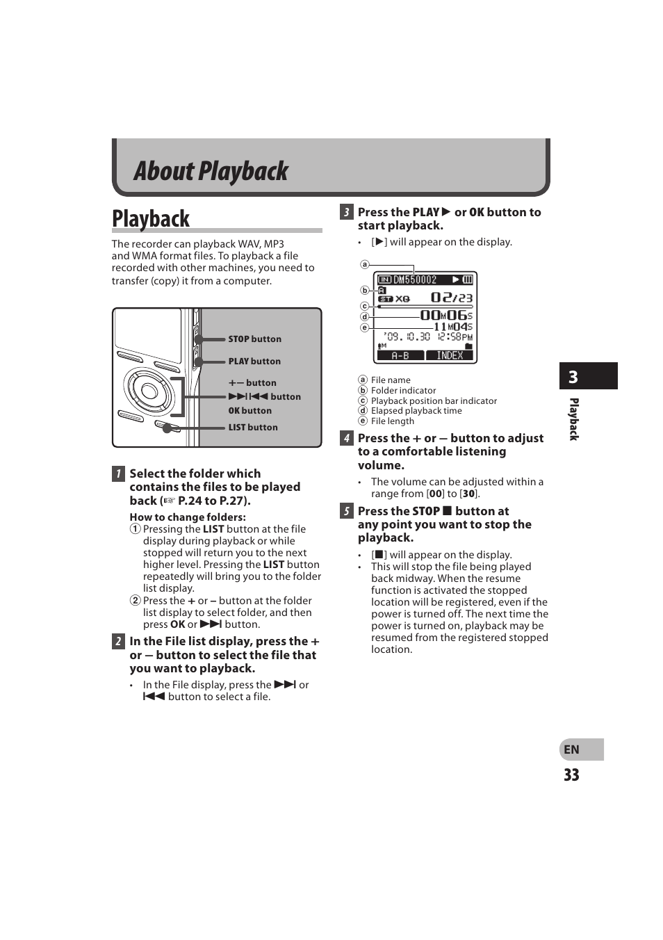 About playback, Playback | Olympus DM-550 User Manual | Page 33 / 128