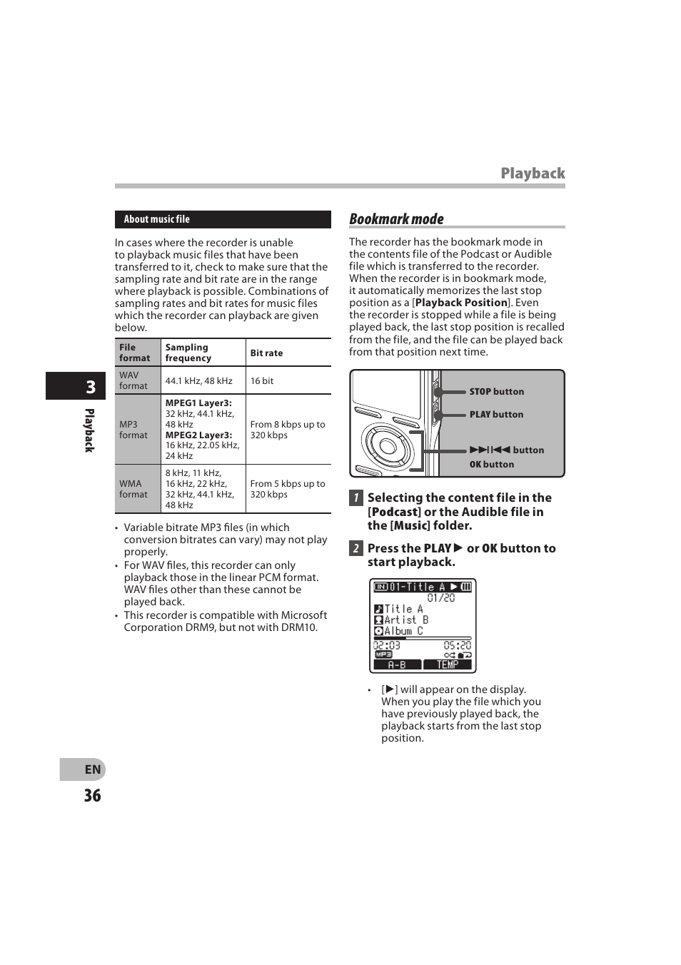 Bookmark mode, Playback | Olympus DM-550 User Manual | Page 36 / 128