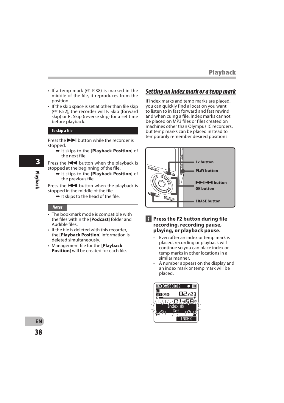 Setting an index mark or a temp mark, Playback | Olympus DM-550 User Manual | Page 38 / 128