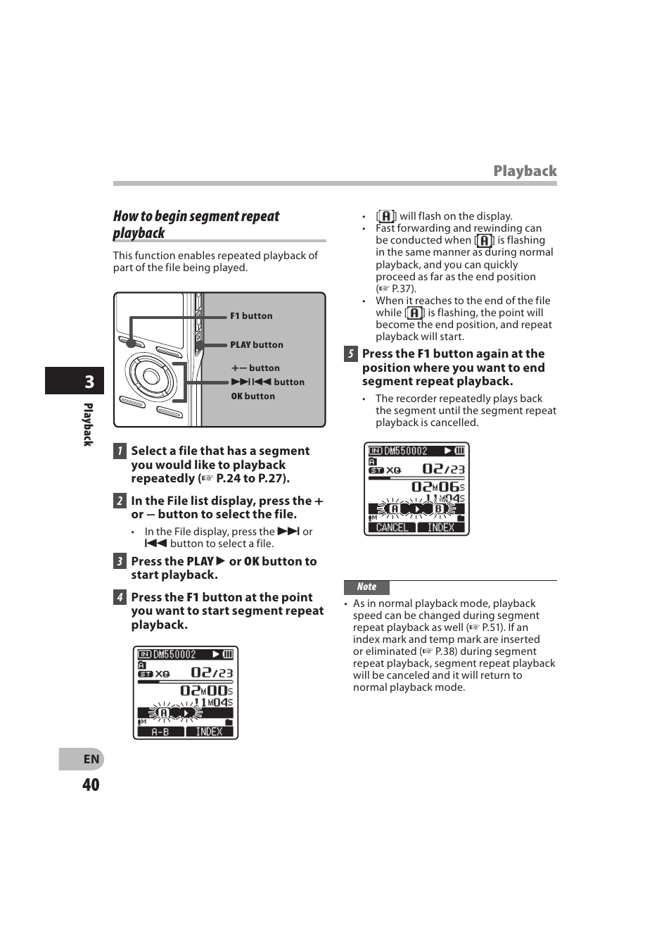 How to begin segment repeat playback, Playback | Olympus DM-550 User Manual | Page 40 / 128