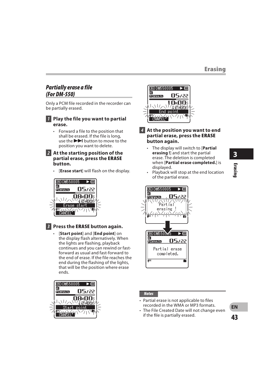 Partially erase a file (for dm-550), Erasing | Olympus DM-550 User Manual | Page 43 / 128