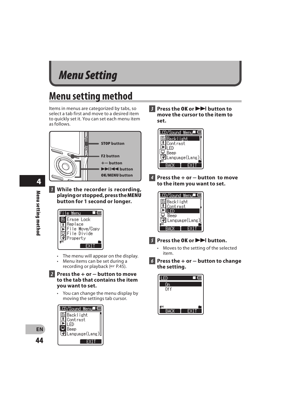Menu setting, Menu setting method | Olympus DM-550 User Manual | Page 44 / 128