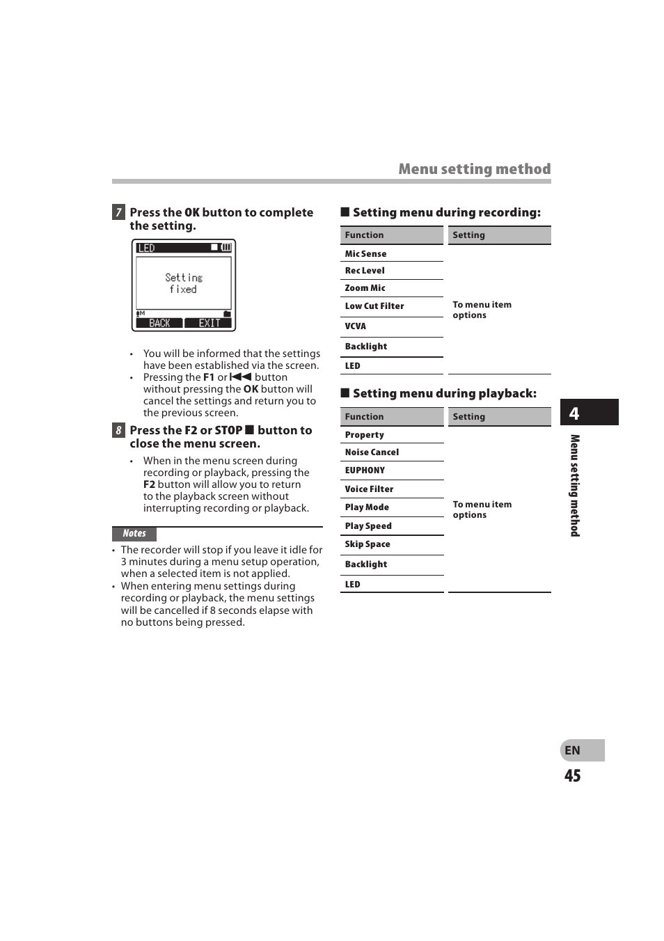 Menu setting method | Olympus DM-550 User Manual | Page 45 / 128