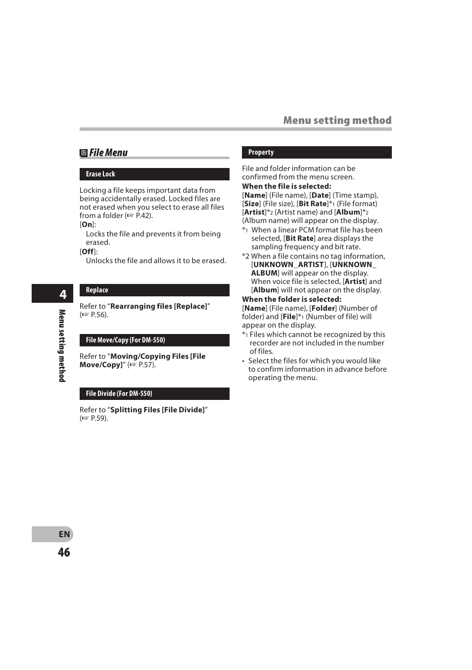 File menu, Menu setting method | Olympus DM-550 User Manual | Page 46 / 128