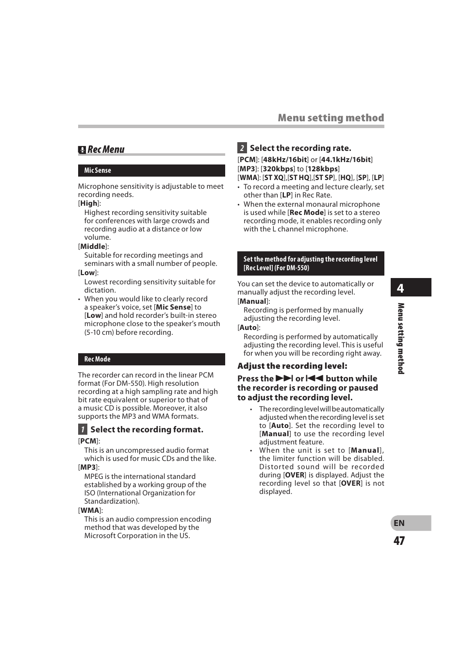 Menu setting method rec menu | Olympus DM-550 User Manual | Page 47 / 128