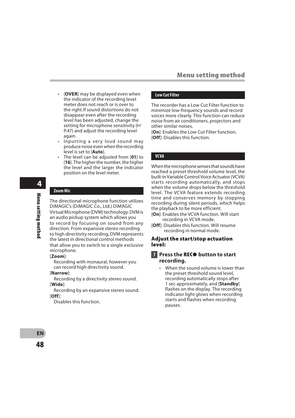 Menu setting method | Olympus DM-550 User Manual | Page 48 / 128