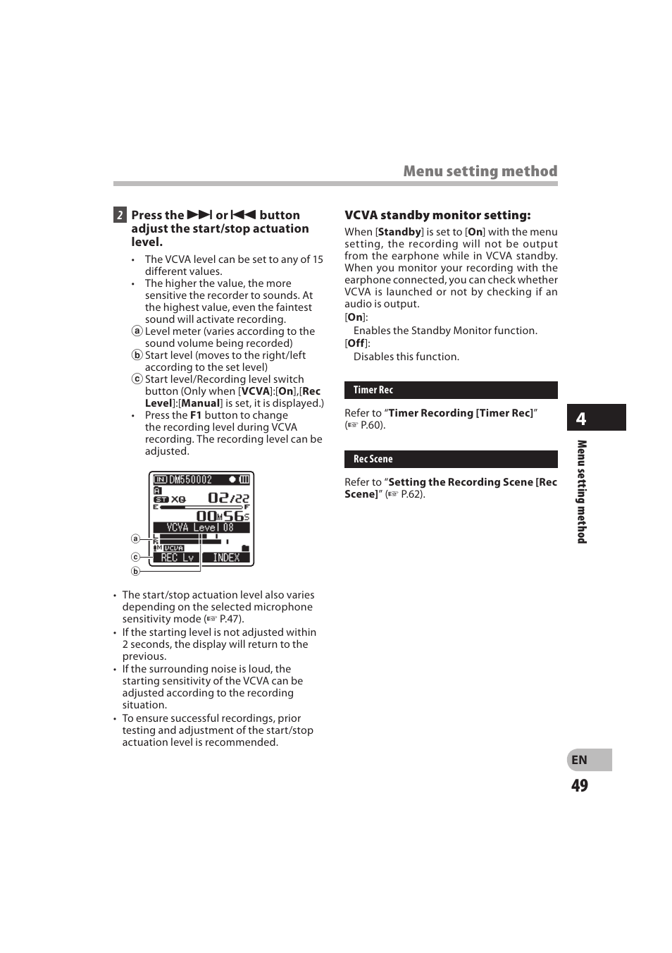 Menu setting method | Olympus DM-550 User Manual | Page 49 / 128